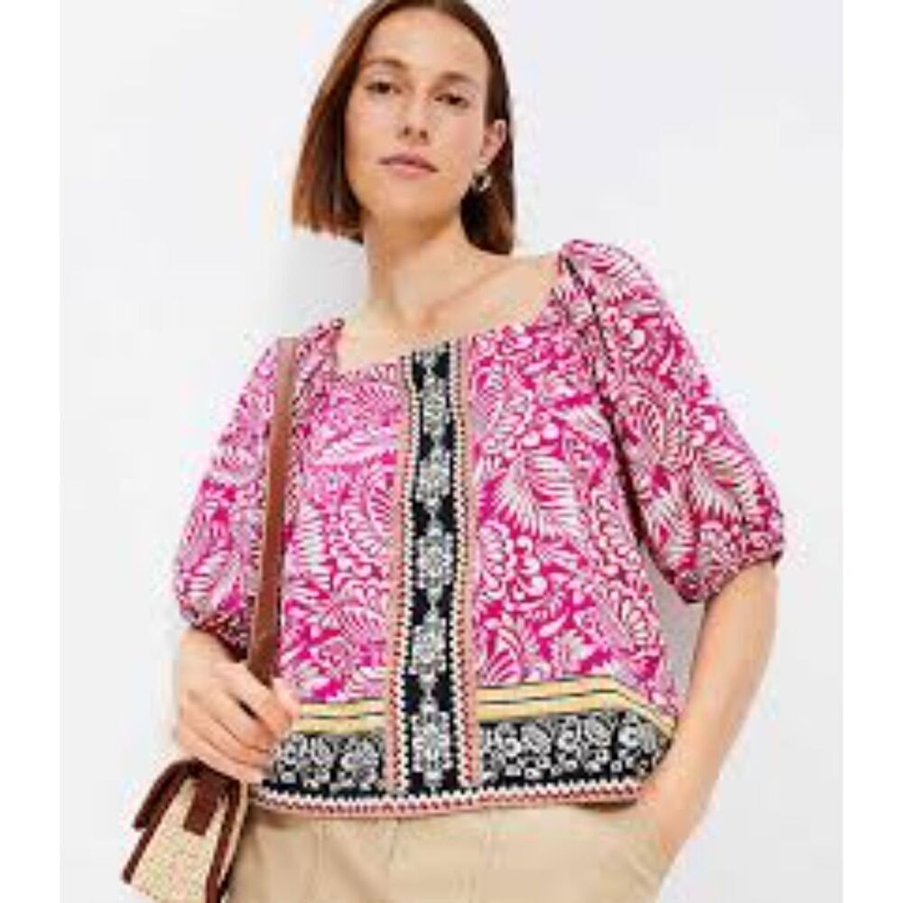 NWT Loft Magenta Purple White Floral Square Neck Puff Sleeves Blouse size Small